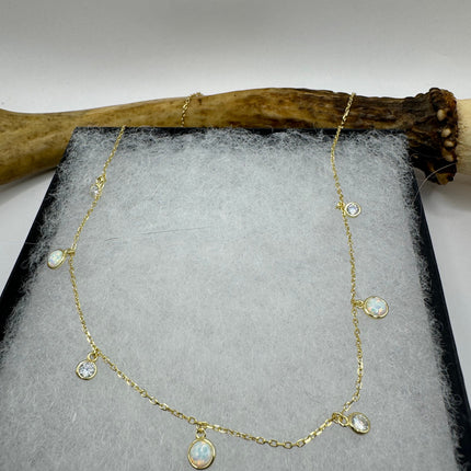Vintage Silver Necklace | Tiny White Fire Opal Gemstone Crystal Diamond | 925 Sterling Silver Minimalist Charm Pendant Chain Necklace