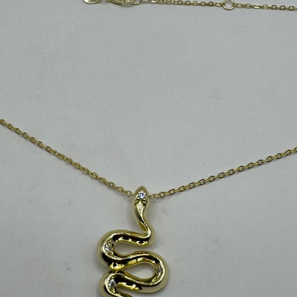 Vintage Tiny Gold Snake Pendant on Delicate Gold 925 Sterling Silver Necklace