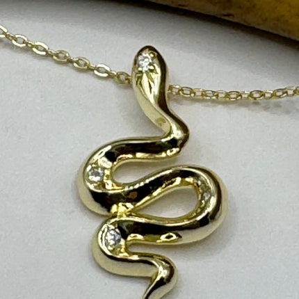 Vintage Tiny Gold Snake Pendant on Delicate Gold 925 Sterling Silver Necklace