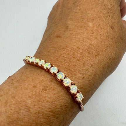 Vintage Gold Tennis Bracelet | Blue Fire Opal Gemstone Prong Setting in Rose Golden 925 Sterling Silver
