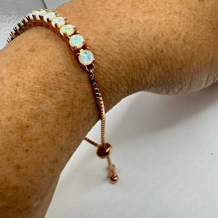 Vintage Gold Tennis Bracelet | Blue Fire Opal Gemstone Prong Setting in Rose Golden 925 Sterling Silver