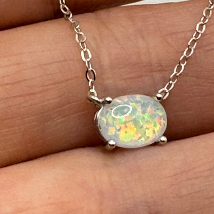 Vintage Silver Necklace | Tiny White Fire Opal Gemstone Crystal Diamond | 925 Sterling Silver Minimalist Charm Pendant Chain Necklace