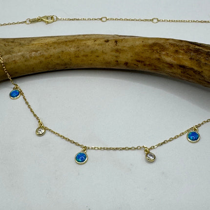 Vintage Silver Necklace | Tiny blue Fire Opal Gemstone Crystal Diamond | 925 Sterling Silver Minimalist Charm Pendant Chain Necklace