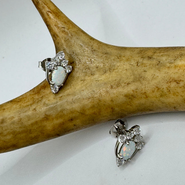 Vintage Silver Earrings | Mini White Fire Opal Gemstone | 925 Sterling Silver Stud Button Earrings for Everyday Wedding or Prom Jewelry