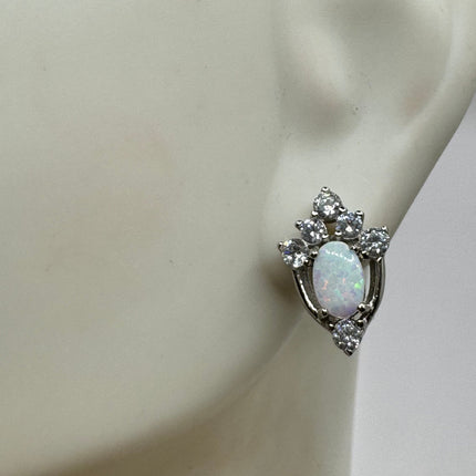Vintage Silver Earrings | Mini White Fire Opal Gemstone | 925 Sterling Silver Stud Button Earrings for Everyday Wedding or Prom Jewelry