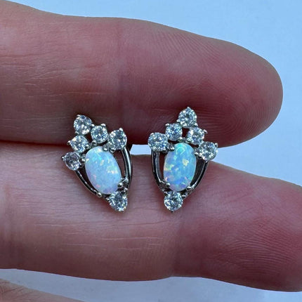 Vintage Silver Earrings | Mini White Fire Opal Gemstone | 925 Sterling Silver Stud Button Earrings for Everyday Wedding or Prom Jewelry