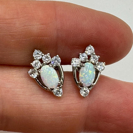 Vintage Silver Earrings | Mini White Fire Opal Gemstone | 925 Sterling Silver Stud Button Earrings for Everyday Wedding or Prom Jewelry