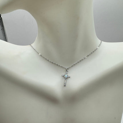 Vintage tiny fire opal cross on a 925 sterling silver chain minimalist necklace