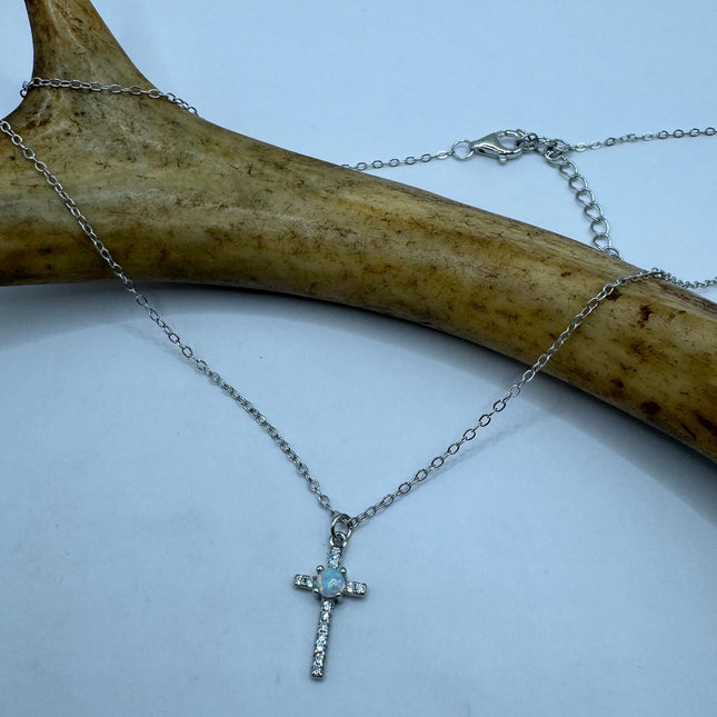 Vintage tiny fire opal cross on a 925 sterling silver chain minimalist necklace