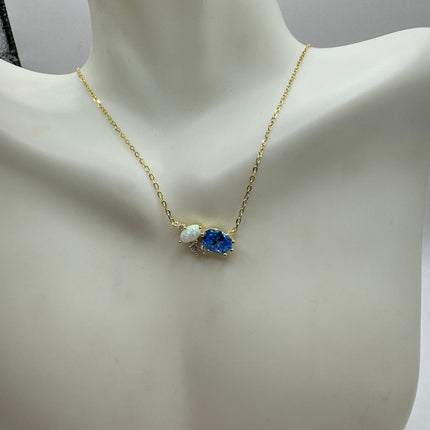 Vintage Silver Necklace | Tiny blue Fire Opal Gemstone Crystal Diamond | 925 Sterling Silver Minimalist Charm Pendant Chain Necklace