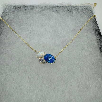 Vintage Silver Necklace | Tiny blue Fire Opal Gemstone Crystal Diamond | 925 Sterling Silver Minimalist Charm Pendant Chain Necklace
