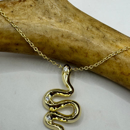 Vintage Tiny Gold Snake Pendant on Delicate Gold 925 Sterling Silver Necklace