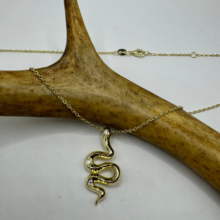 Vintage Tiny Gold Snake Pendant on Delicate Gold 925 Sterling Silver Necklace