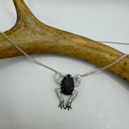 Vintage Tiny Frog Pendant on Delicate 925 Sterling Silver Necklace Pave black and white sapphires