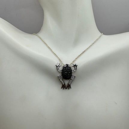 Vintage Tiny Frog Pendant on Delicate 925 Sterling Silver Necklace Pave black and white sapphires