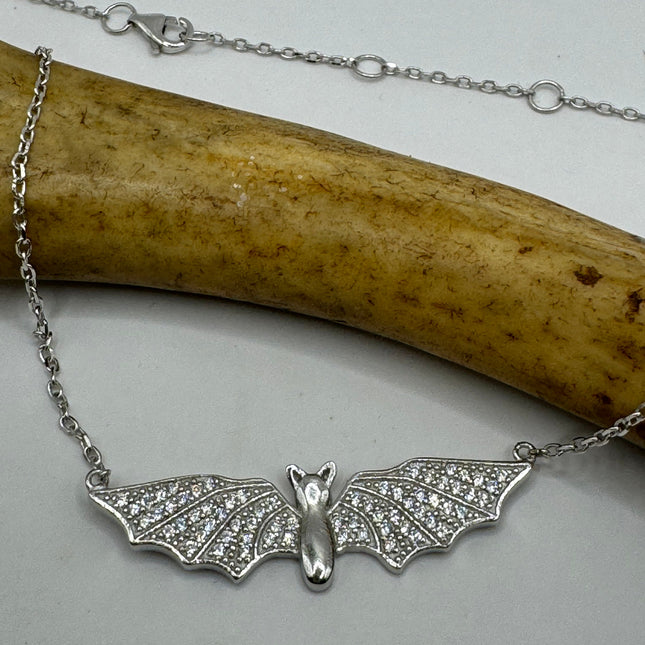 Vintage Tiny Bat Pendant on Delicate 925 Sterling Silver Necklace Pave black and white sapphires