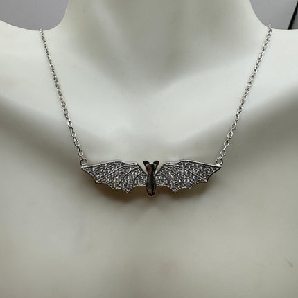 Vintage Tiny Bat Pendant on Delicate 925 Sterling Silver Necklace Pave black and white sapphires