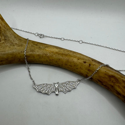 Vintage Tiny Bat Pendant on Delicate 925 Sterling Silver Necklace Pave black and white sapphires