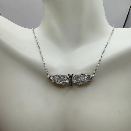 Vintage Tiny Bat Pendant on Delicate 925 Sterling Silver Necklace Pave black and white sapphires