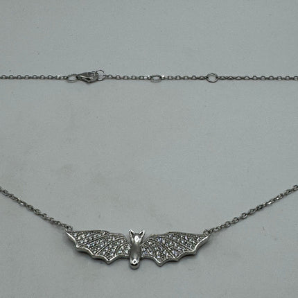 Vintage Tiny Bat Pendant on Delicate 925 Sterling Silver Necklace Pave black and white sapphires