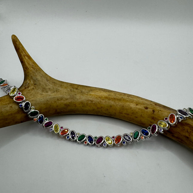 Vintage Silver Tennis Bracelet | CZ Crystal Rainbow 925 Sterling Silver Bracelet | Elegant Everyday Wedding or Prom