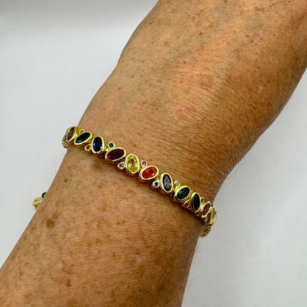 Vintage Silver Tennis Bracelet | CZ Crystal Rainbow Gold 925 Sterling Silver Bracelet | Elegant Everyday Wedding or Prom