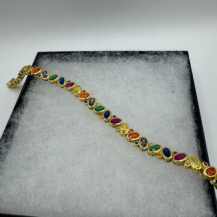 Vintage Silver Tennis Bracelet | CZ Crystal Rainbow Gold 925 Sterling Silver Bracelet | Elegant Everyday Wedding or Prom