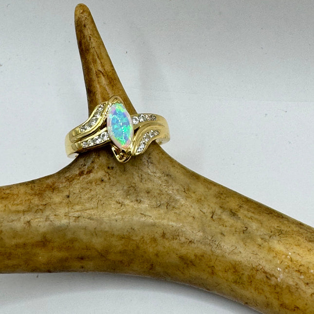 Tiny Gold Ring | Mini White Fire Opal Gemstone Heart Stacking Promise | Golden 925 Sterling Silver Band Minimalist Prom Wedding Everyday