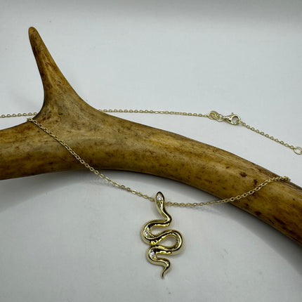 Vintage Tiny Gold Snake Pendant on Delicate Gold 925 Sterling Silver Necklace