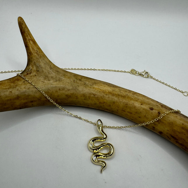 Vintage Tiny Gold Snake Pendant on Delicate Gold 925 Sterling Silver Necklace