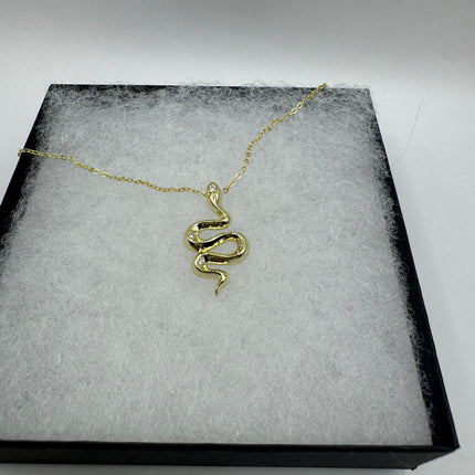 Vintage Tiny Gold Snake Pendant on Delicate Gold 925 Sterling Silver Necklace