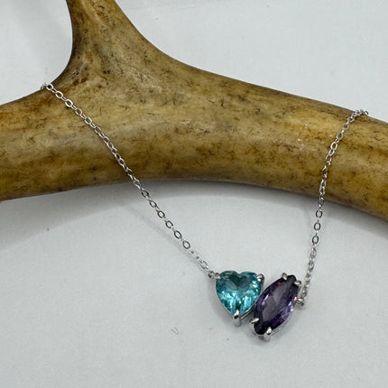 Vintage Tiny Charm Necklace | Purple Amethyst Blue Topaz Gemstone Dainty 925 Sterling Silver Chain Necklace | Minimalist Style Crystal