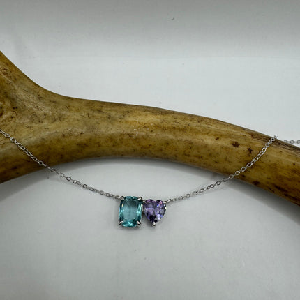 Vintage Tiny Charm Necklace | Purple Amethyst Blue Topaz Gemstone Dainty 925 Sterling Silver Chain Necklace | Minimalist Style Crystal