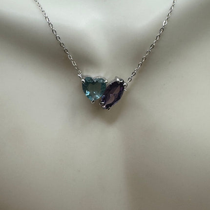 Vintage Tiny Charm Necklace | Purple Amethyst Blue Topaz Gemstone Dainty 925 Sterling Silver Chain Necklace | Minimalist Style Crystal