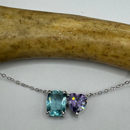 Vintage Tiny Charm Necklace | Purple Amethyst Blue Topaz Gemstone Dainty 925 Sterling Silver Chain Necklace | Minimalist Style Crystal