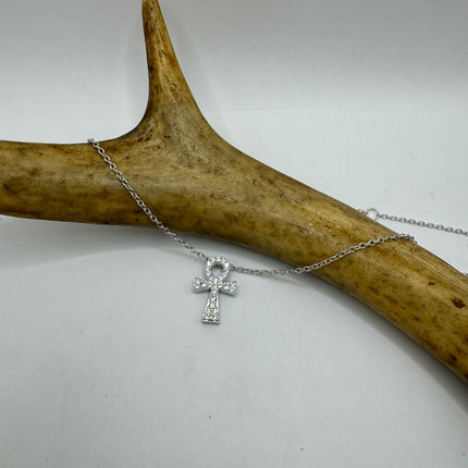 Vintage Ankh 925 Sterling Silver Minimal Tiny Necklace Crystal Diamond Anhk