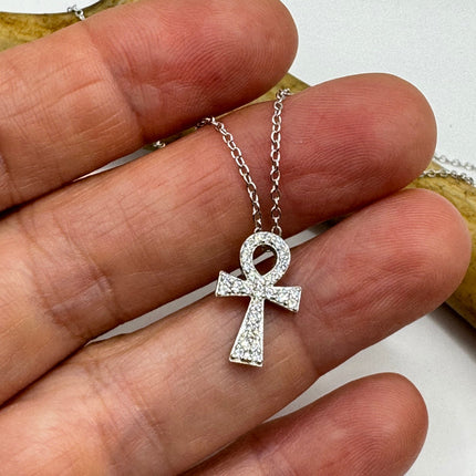 Vintage Ankh 925 Sterling Silver Minimal Tiny Necklace Crystal Diamond Anhk