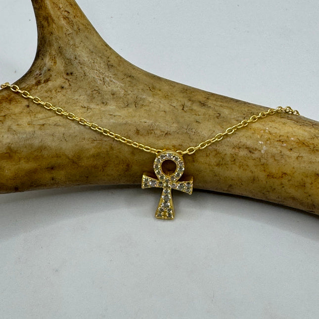 Vintage Ankh Gold 925 Sterling Silver Minimal Tiny Necklace Crystal Diamond Anhk