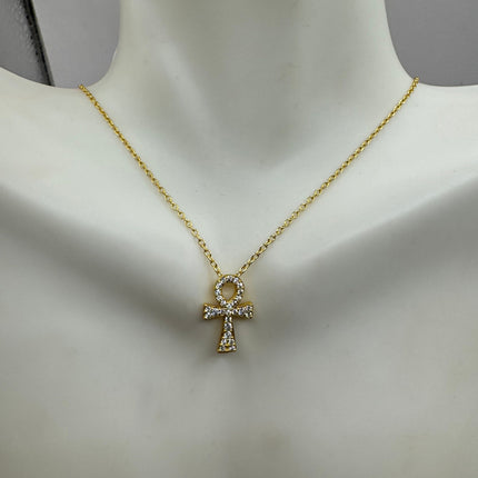 Vintage Ankh Gold 925 Sterling Silver Minimal Tiny Necklace Crystal Diamond Anhk