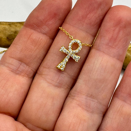 Vintage Ankh Gold 925 Sterling Silver Minimal Tiny Necklace Crystal Diamond Anhk