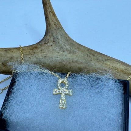 Vintage Ankh Gold 925 Sterling Silver Minimal Tiny Necklace Crystal Diamond Anhk