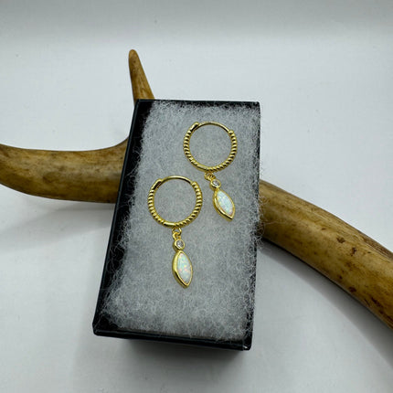 Vintage Gold Earrings | Tiny White Fire Opal Gemstone Dainty Hoop Huggie Earrings - Gold 925 Sterling Silver | Everyday or Special Occasion