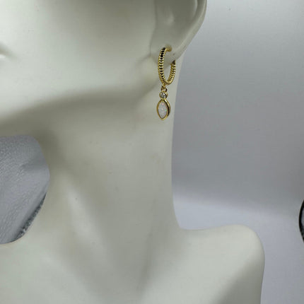 Vintage Gold Earrings | Tiny White Fire Opal Gemstone Dainty Hoop Huggie Earrings - Gold 925 Sterling Silver | Everyday or Special Occasion