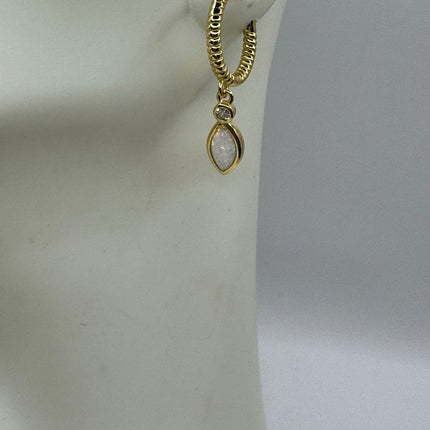 Vintage Gold Earrings | Tiny White Fire Opal Gemstone Dainty Hoop Huggie Earrings - Gold 925 Sterling Silver | Everyday or Special Occasion