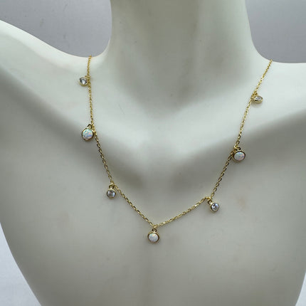 Vintage Silver Necklace | Tiny White Fire Opal Gemstone Crystal Diamond | 925 Sterling Silver Minimalist Charm Pendant Chain Necklace