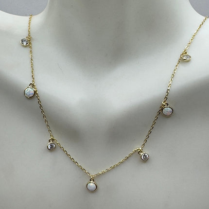 Vintage Silver Necklace | Tiny White Fire Opal Gemstone Crystal Diamond | 925 Sterling Silver Minimalist Charm Pendant Chain Necklace