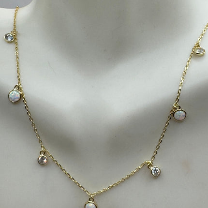 Vintage Silver Necklace | Tiny White Fire Opal Gemstone Crystal Diamond | 925 Sterling Silver Minimalist Charm Pendant Chain Necklace