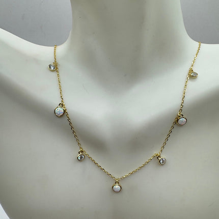 Vintage Silver Necklace | Tiny White Fire Opal Gemstone Crystal Diamond | 925 Sterling Silver Minimalist Charm Pendant Chain Necklace