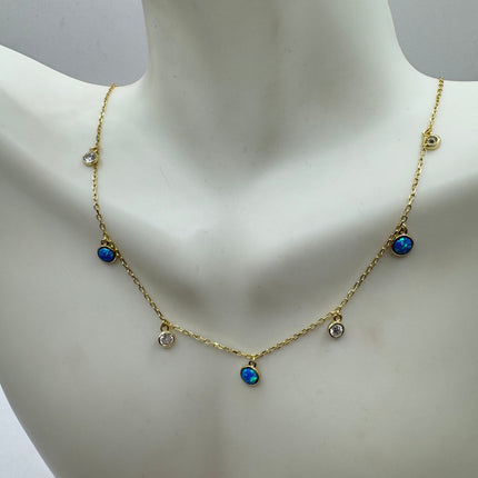 Vintage Silver Necklace | Tiny blue Fire Opal Gemstone Crystal Diamond | 925 Sterling Silver Minimalist Charm Pendant Chain Necklace