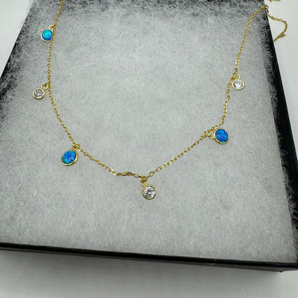 Vintage Silver Necklace | Tiny blue Fire Opal Gemstone Crystal Diamond | 925 Sterling Silver Minimalist Charm Pendant Chain Necklace